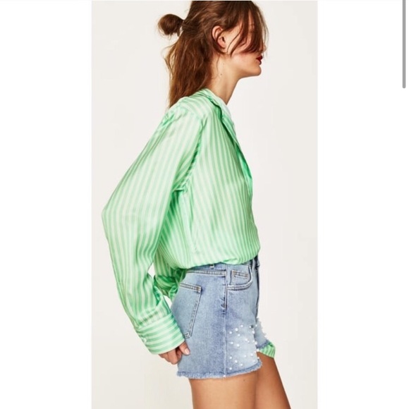 ZARA green striped oversized shirt/dress,XS!NWT - Picture 2 of 9